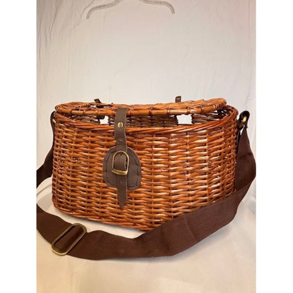 Vintage Style Wicker Fishing Creel Basket Brown Woven Willow Shoulder Bag